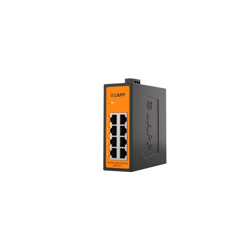 Schwarzer und orangefarbener LAPP Ethernet-Schalter mit acht Anschlüssen auf der Frontplatte, isoliert auf weißem Hintergrund dargestellt.
