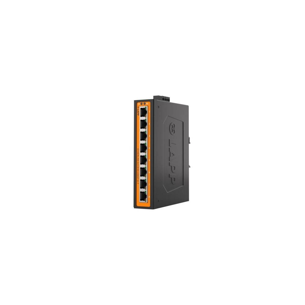 Schwarzer Netzwerk-Switch mit sechs Ethernet-Anschlüssen in einem kompakten vertikalen Gehäuse auf weißem Hintergrund.