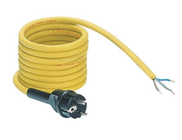 Aufgerolltes gelbes Stromkabel mit schwarzem Stecker und freiliegenden Drahtenden.