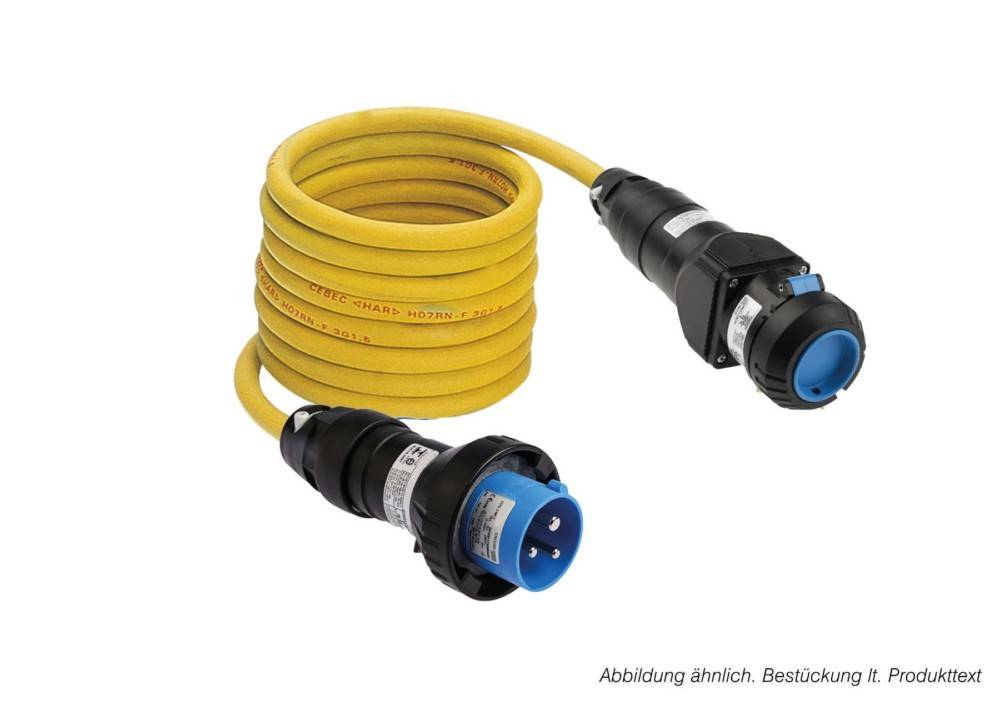 Gelbes aufgerolltes industrielles Stromkabel mit schwarz-blauen Steckern an beiden Enden, auf weißem Hintergrund dargestellt.