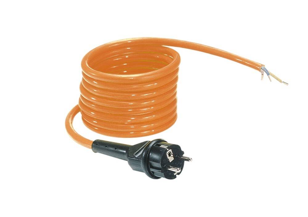 Orangefarbenes aufgerolltes Elektroverlängerungskabel mit schwarzem Stecker und freiliegenden Drahtenden