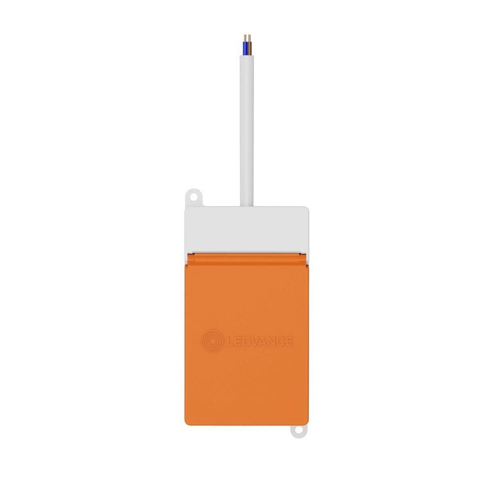 Orangefarbenes rechteckiges LED-Treiber mit grauem Oberteil und angebrachtem weißem Kabel, gezeigt auf einfachem Hintergrund.