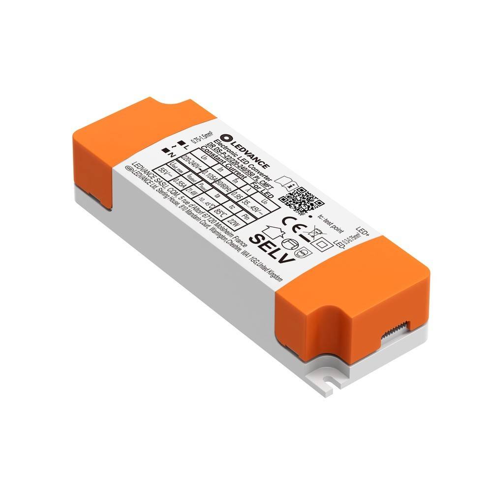 Weißes LEDVANCE-Elektroniksteuermodul mit orangefarbigen Endkappen, dargestellt auf einem schlichten weißen Hintergrund.