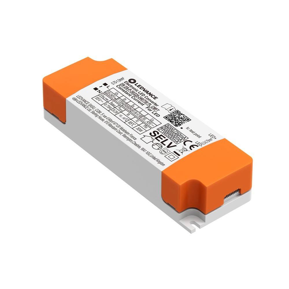 Weißes LEDVANCE elektronisches LED-Treibermodul mit orangefarbenen Endkappen, isoliert auf weißem Hintergrund dargestellt.