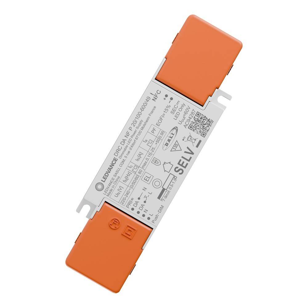 Weiß-oranges LED-Treibermodul mit gedruckten technischen Beschriftungen und Anschlüssen an beiden Enden.