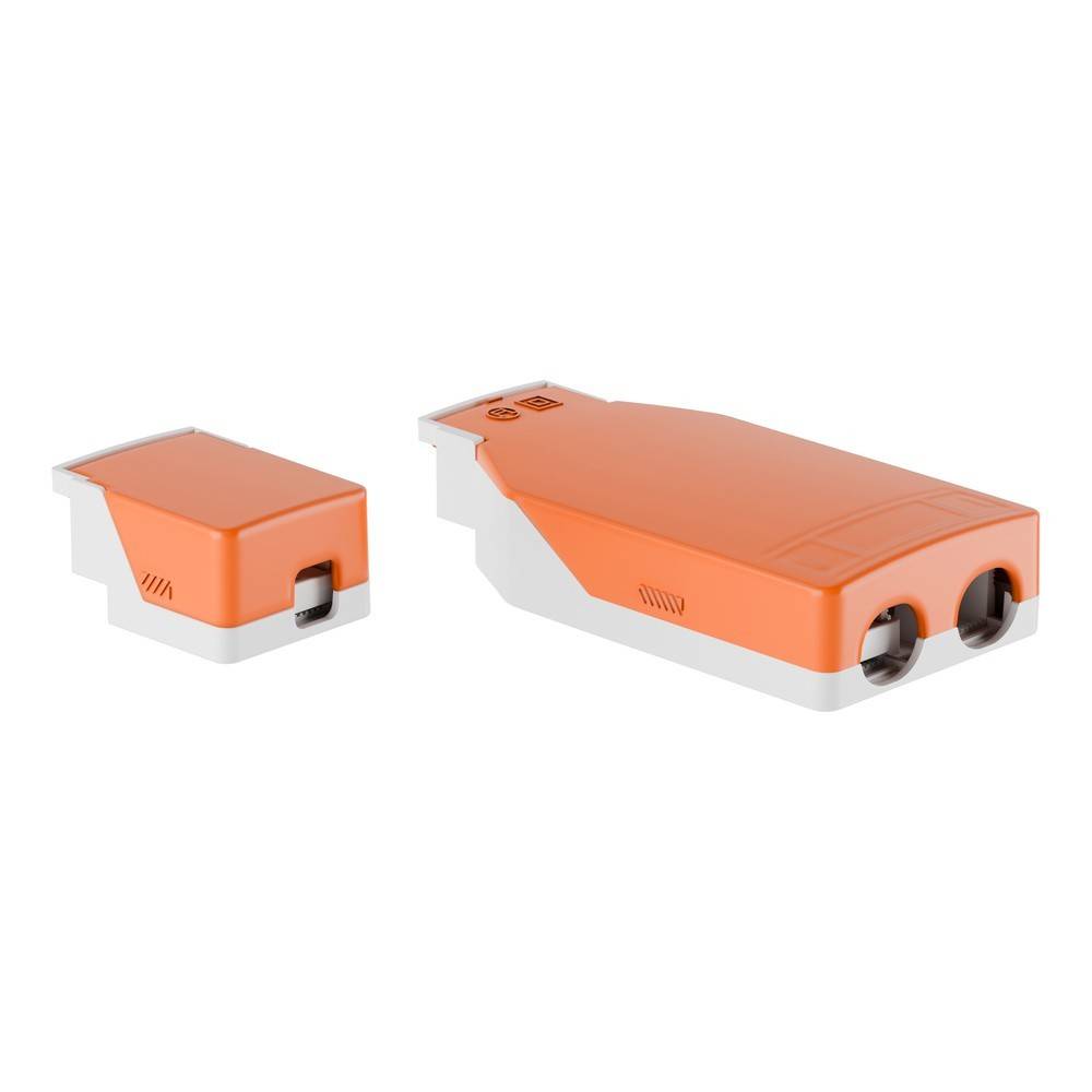 Zwei orange-weiße elektronische Gerätemodule nebeneinander gezeigt, eines klein und eines größer, mit Anschlussanschlüssen auf der Vorderseite.