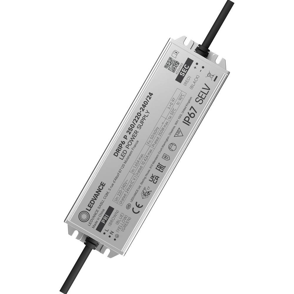 Silberner LED-Treiber-Stromversorgung mit schwarzen Kabeln, beschriftet mit „Pb7 SELV