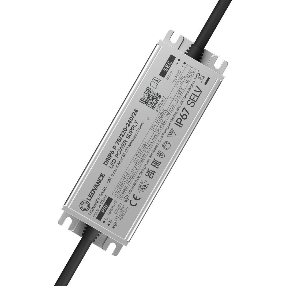 Silbernes LED-Stromversorgungstreiber-Gerät mit schwarzen Kabeln, beschriftet mit „DIP 6 P 5/2024