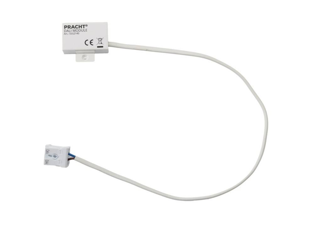 Weißes PRACHT DALI-Modul mit angeschlossenem Kabel und Stecker auf einfachem Hintergrund.