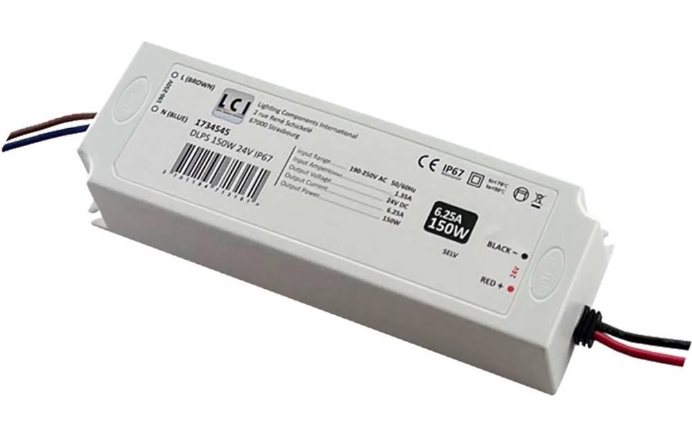 LED-Treiber-Stromversorgung mit weißem Gehäuse und Barcode-Etikett, 150W 24V DC, mit schwarzen und roten Ausgangsleitern an einem Ende und Eingangsleitern am anderen Ende verbunden.