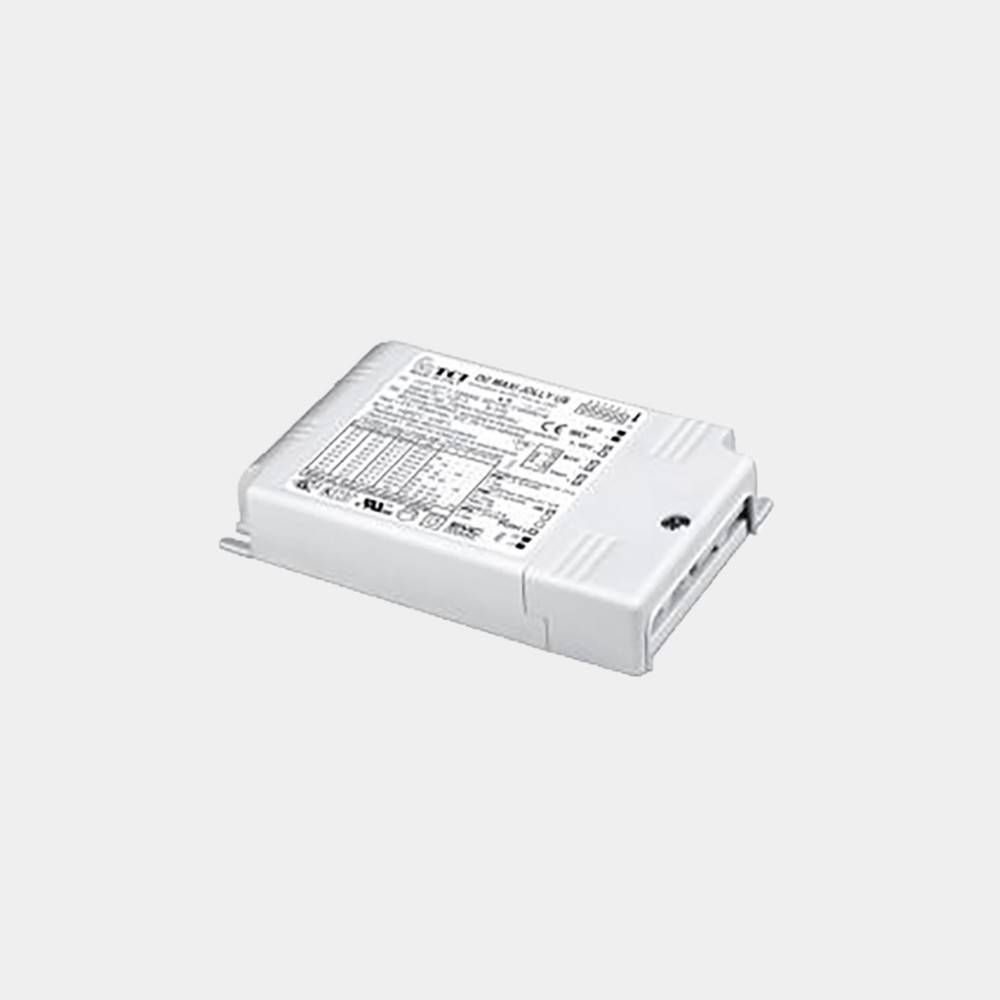 Weiße rechteckige elektrische Treibereinheit oder Stromversorgungsgerät mit aufgedruckten Spezifikationen auf der Oberseite, dargestellt vor einem einfachen Hintergrund.