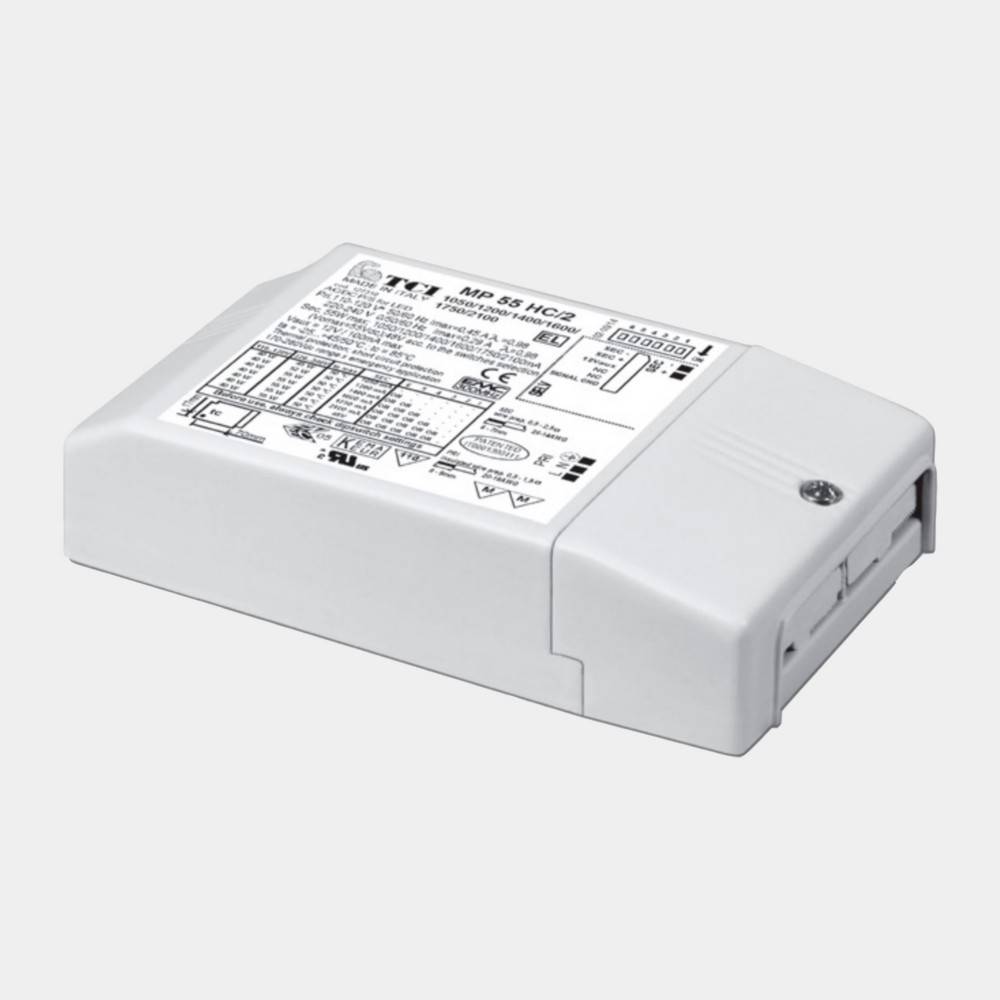 Weißes rechteckiges elektronisches Vorschaltgerät/Kontrolleinheit mit aufgedrucktem Spezifikationsetikett und Schraubverbinder oben, abgebildet auf einem einfachen Hintergrund.