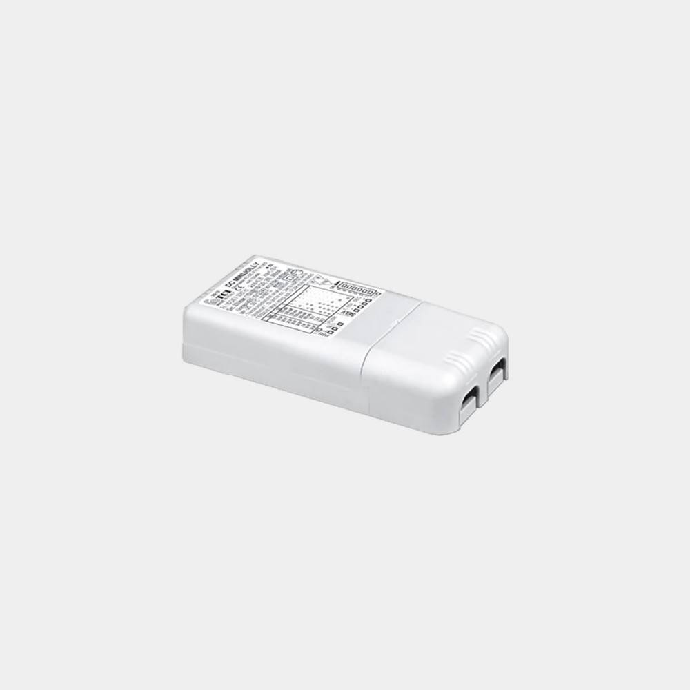 Weiße rechteckige elektronische Stromversorgungseinheit mit gedrucktem Etikett und zwei Kabelanschlüssen an einem Ende.