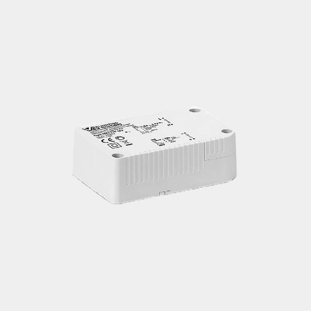 Weißes rechteckiges elektronisches Steuermodul mit beschrifteter Oberseite und Befestigungslöchern, dargestellt auf einem schlichten weißen Hintergrund.