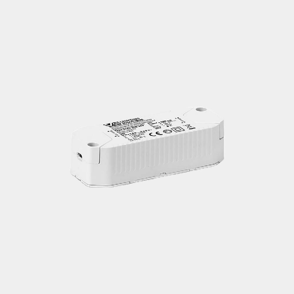 Weißes rechteckiges elektronisches Steuermodul mit Befestigungslöchern und bedrucktem Etikett, gezeigt auf einem einfachen hellen Hintergrund.