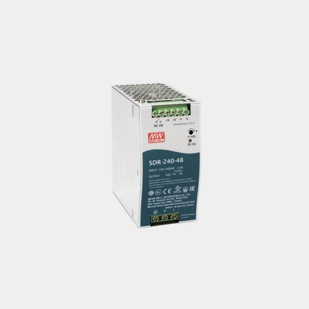 Mean Well SDR-240-48 AC-DC-Stromversorgungseinheit mit Anschlussklemmen auf weißem Hintergrund.