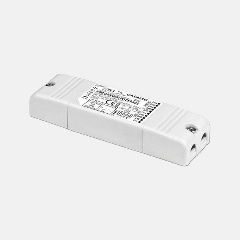 Weißes rechteckiges elektrisches Vorschaltgerät/Modul mit beschrifteter Oberseite und Schraubklemmen an beiden Enden, dargestellt vor einem schlichten Hintergrund.