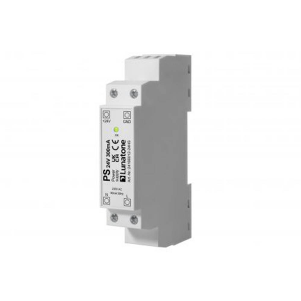 Ein graus DIN-Schienen-Stromversorgungsmodul mit der Bezeichnung „PS 24V 300mA