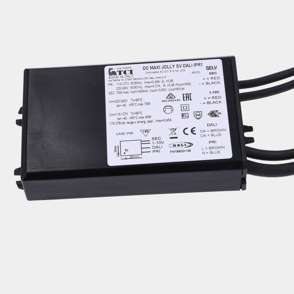 Schwarzes LED-Treiber-/Steuermodul mit gedruckter Schaltung und Spezifikationsetikett, dargestellt mit mehreren schwarzen Kabeln, die sich von beiden Enden erstrecken.