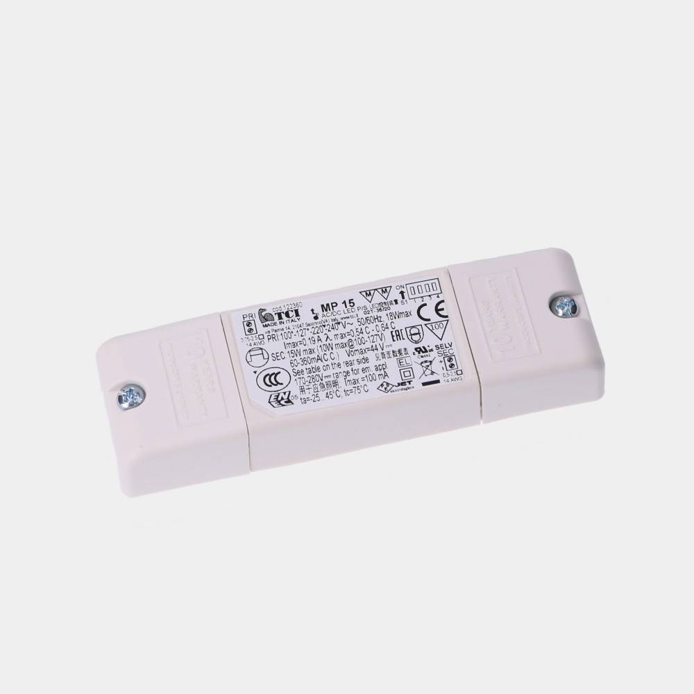 Weißes rechteckiges elektronisches Modul mit zwei Endschrauben und einem zentralen Etikett, dargestellt vor einem einfachen Hintergrund.