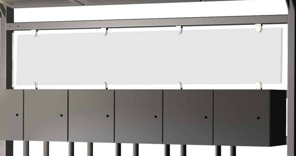 Grauer Metalllagerschrank mit blankem weißem Frontpanel über mehreren dunklen unteren Türen auf Beinen.