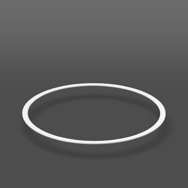 Weißer ovaler Ring flach auf dunkelgrauem Hintergrund liegend, mit weichem Schatten.