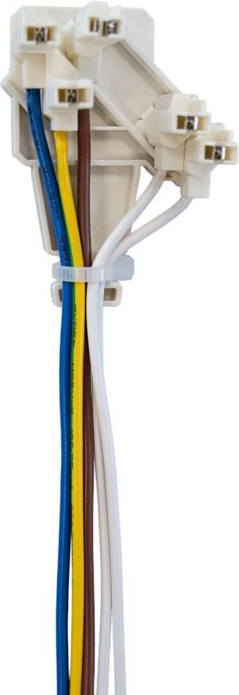 Nahaufnahme eines weißen kunststofflichen elektrischen Steckverbinders mit mehreren eingefügten und gesicherten farbigen Drähten.