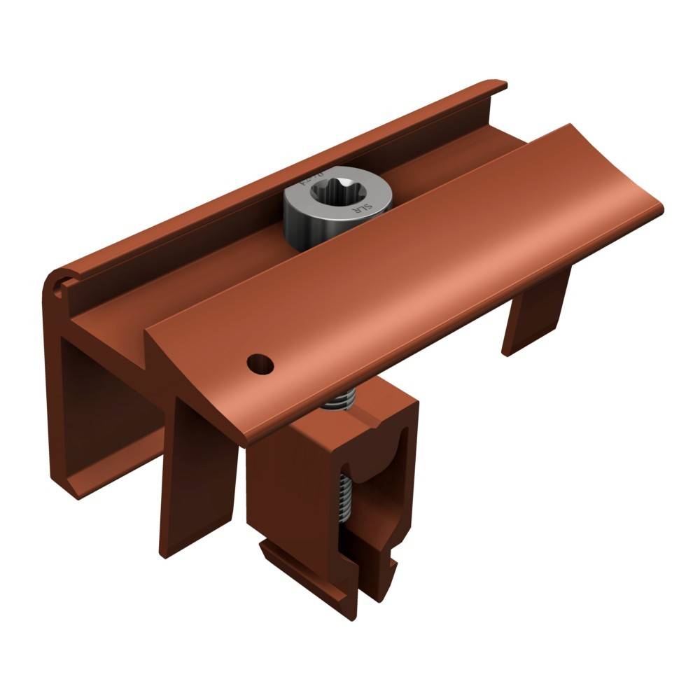 Kupferfarbene Metallschelle mit zentralem Bolzen und federbelasteter unterer Halterung, 3D-Darstellung auf weißem Hintergrund.