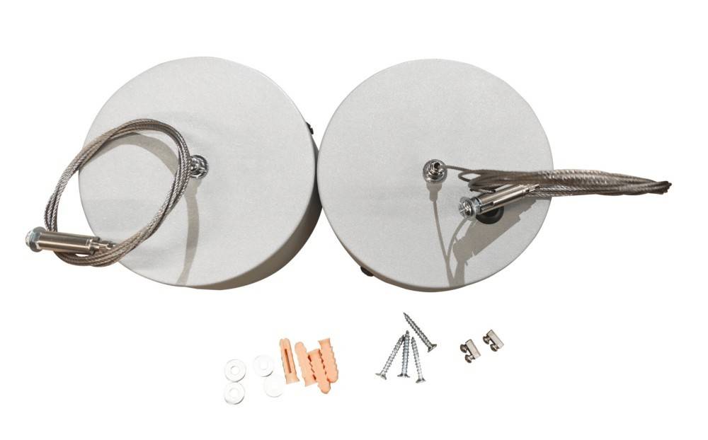 Zwei runde graue wandmontierte Paneele mit Metallkabelschleifen, dargestellt mit beigefügter Montagehardware und Wandankern unten.