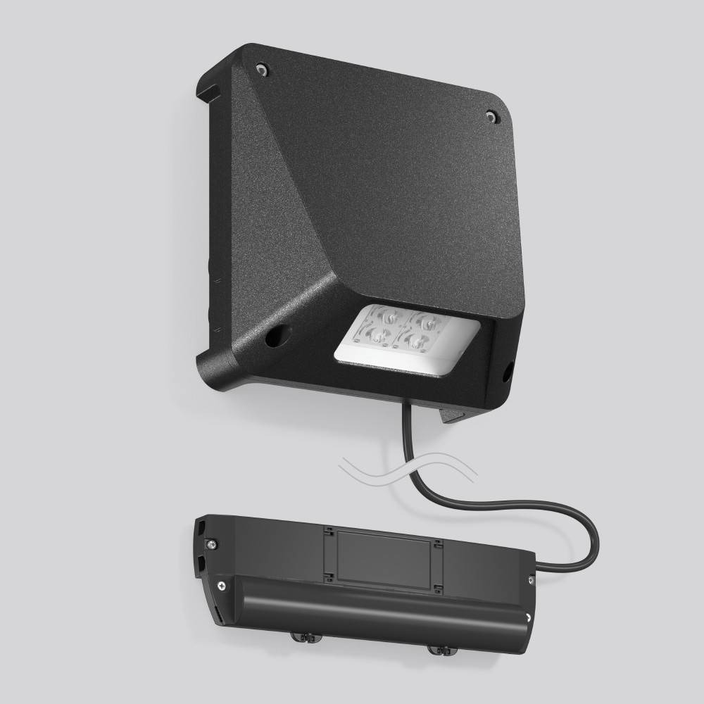 Schwarze an der Wand montierte Außenleuchte mit einer separaten rechteckigen Stromversorgungs- oder Steuereinheit, die durch ein Kabel verbunden ist.