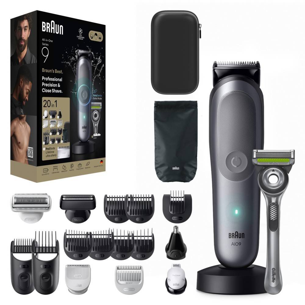 Braun Series 9 20-in-1 Elektrotrimmer-Set mit Rasierapparat, Ständer, Etui, Tasche, Rasierer und mehreren Grooming-Aufsätzen.
