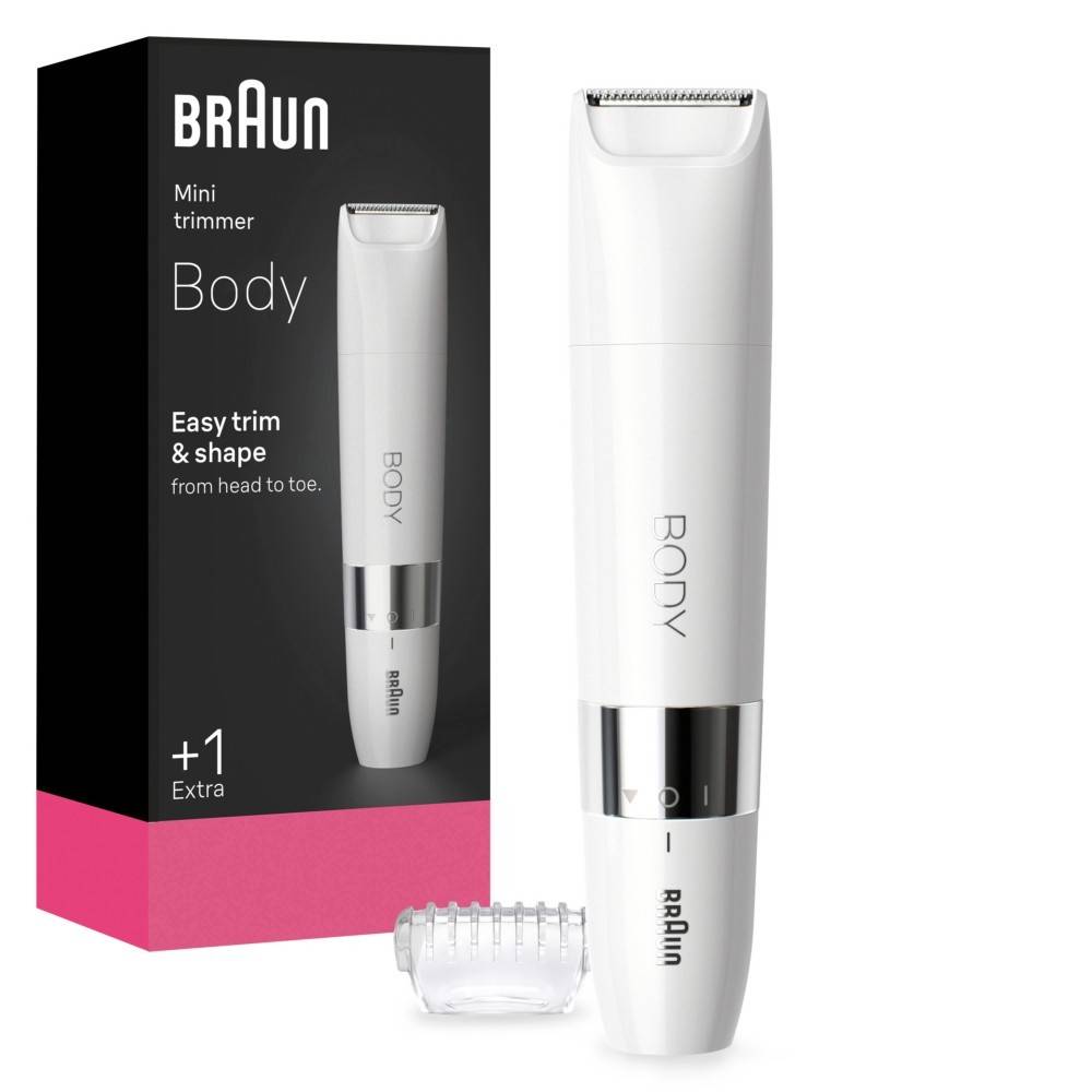 Braun Mini-Trimmer zur Körperpflege, gezeigt mit Verpackung und einem Kammaufsatz.