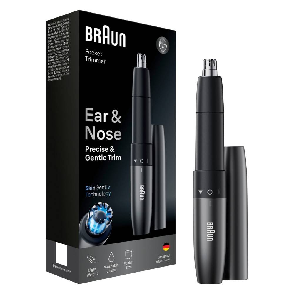 Braun Pocket Trimmer Verpackung und Gerät, gekennzeichnet mit „Ear & Nose Precise & Gentle Trim