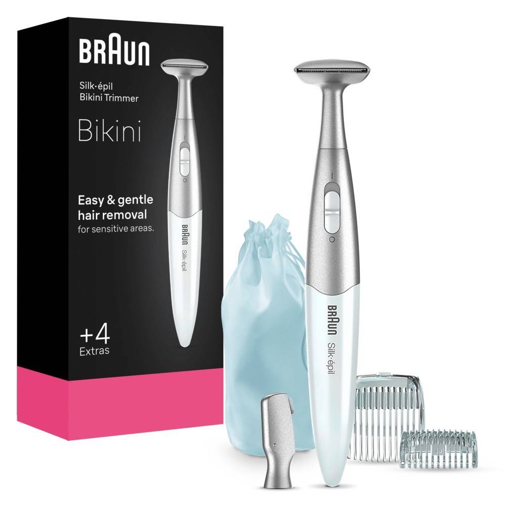 Braun Silk-épil Bikini Trimmer Verpackung mit Trimmer, Tasche und Aufsatzkämmen, gekennzeichnet für einfache, sanfte Haarentfernung und 4 Extras.