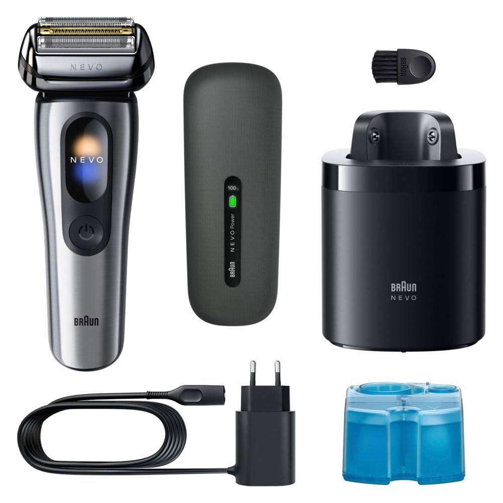 Braun Series 9 NEVO Elektrorasierer-Set mit Rasierer, Reisetasche, Ladekabel, Reinigungspatrone und Reinigungsbürste.