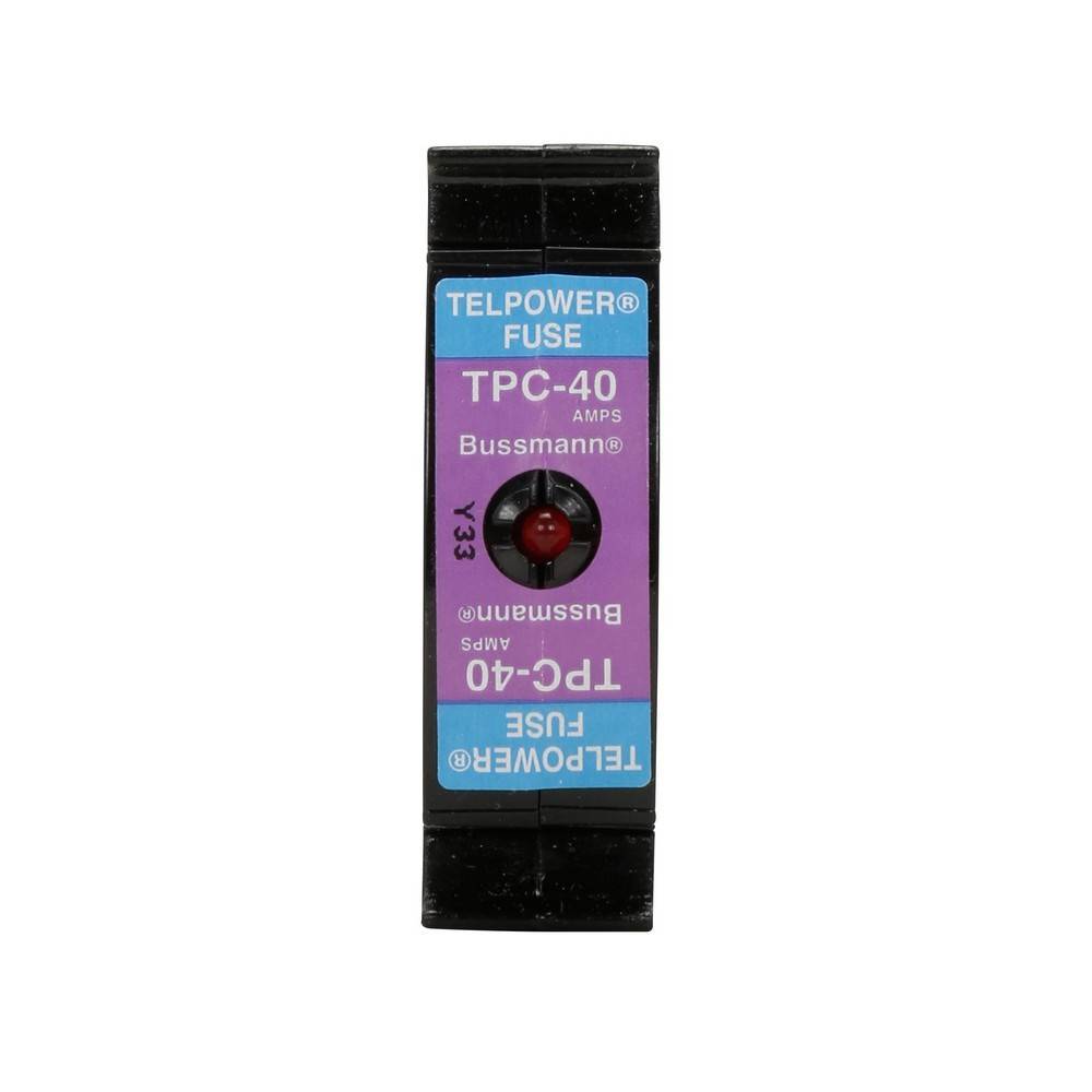 Eine Bussmann Telpower TPC-40 Schmelzpatrone mit violettem und blauem Etikett, vertikal auf weißem Hintergrund dargestellt.