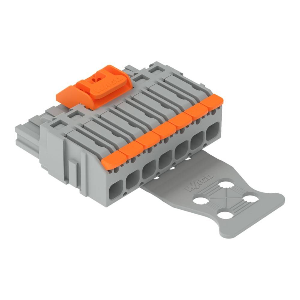 Grauer Elektrostecker mit orangefarbenen Hebelverriegelungen und einer Metallbefestigungsplatte auf weißem Hintergrund.