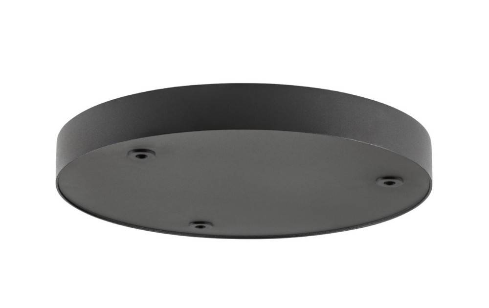 Rundes schwarzes Deckenleuchten-Fixture mit drei sichtbaren Schrauben auf weißem Hintergrund.