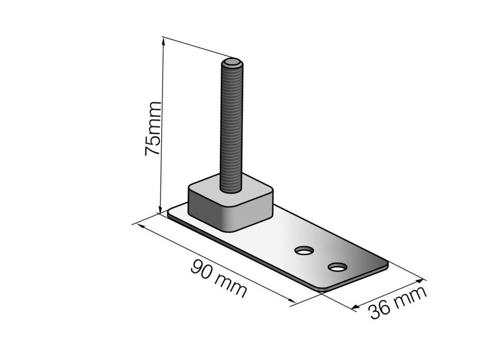 Technische Zeichnung einer Metallhalterung mit einem geschliffenen vertikalen Stift, beschriftet mit 75 mm Höhe, 90 mm Länge und 36 mm Breite, mit zwei Befestigungslöchern.