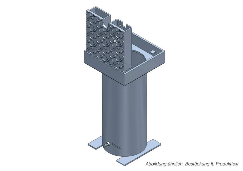 3D-Technische Illustration einer zylindrischen Metallpfosten-Basis mit einer perforierten Halterung und Montageplatte, dargestellt in perspektivischer Ansicht.