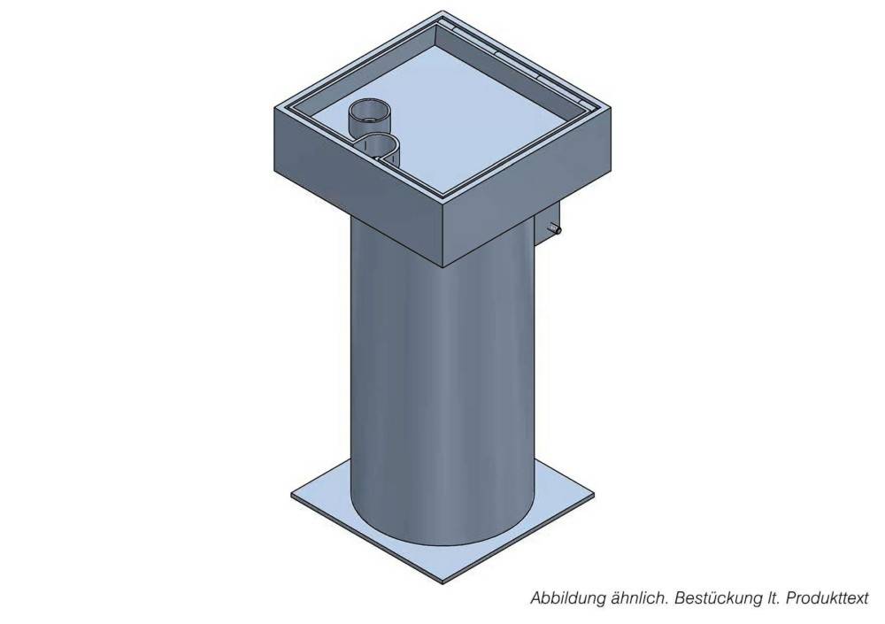 3D-CAD-Rendering eines zylindrischen Metallpostaments mit quadratischer Oberplatte und Basisplatte, dargestellt als Produktabbildung.