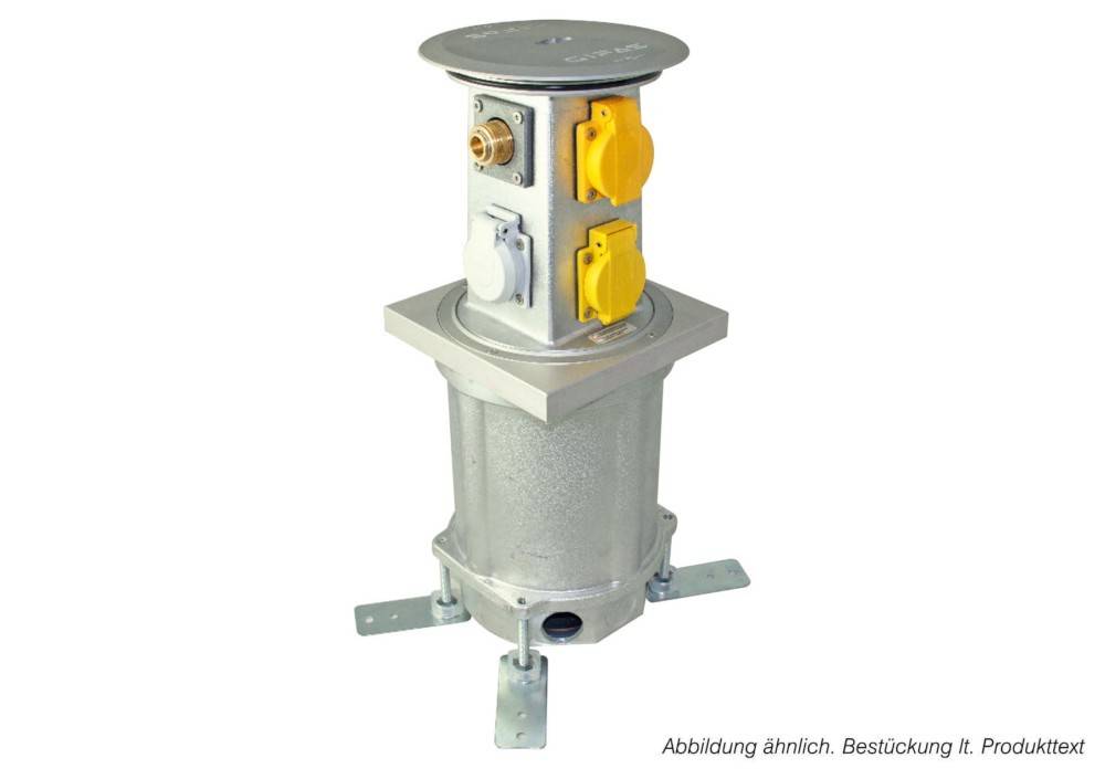 Industrie-Elektroboden-Verteilerdose mit mehreren gelben und weißen Stromausgängen auf einer Metallsokelhalterung, dargestellt auf weißem Hintergrund.