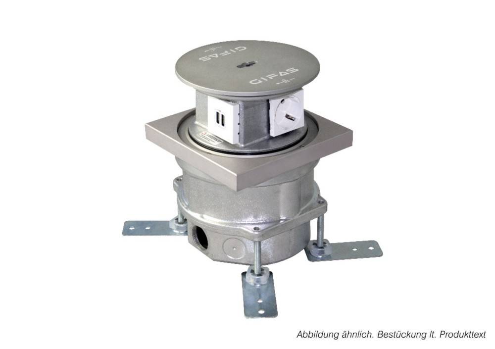 Industrielle Metall-Bodenauslass-Box mit quadratischer Oberfläche und rundem Sockel, dargestellt mit drei Befestigungsfüßen und elektrischen Steckdosen auf weißem Hintergrund.