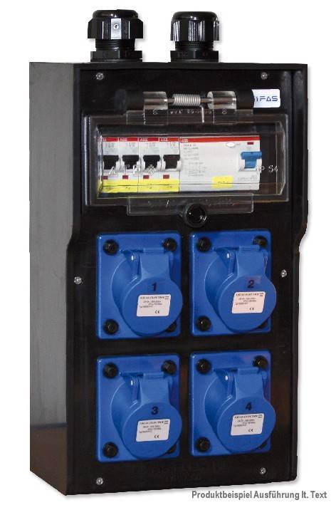 Schwarze Elektroverteilerdose mit transparentem Schutzschalter-Fenster und vier blauen Steckdosen, gekennzeichnet mit den Nummern 1 bis 4.
