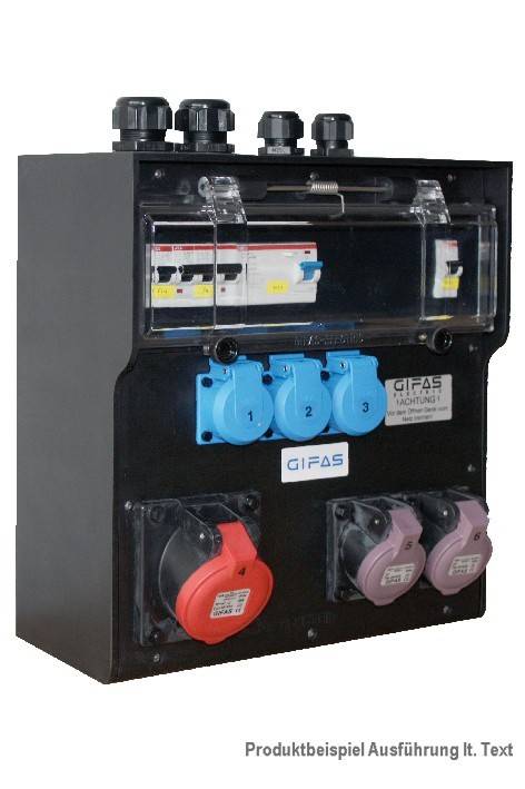 Industrielle Stromverteilungsbox mit transparentem Deckel, Leistungsschalter im Inneren und mehreren farbigen Steckdosen an der Vorderseite.