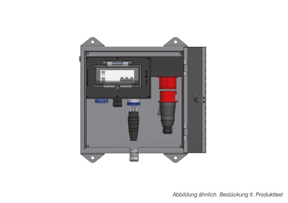 Grauer elektrischer Schaltschrank mit montiertem Display, Schaltern und roten industriellen Steckverbindungen in einer offenen Schalttafel.