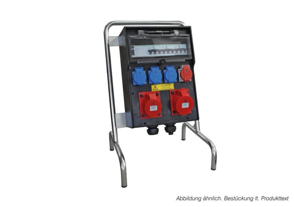 Tragbare Stromverteilungsbox auf einem Metallständer mit mehreren blauen und roten Anschlüssen und einer Anzeigeabdeckung oben.