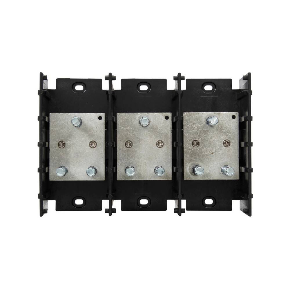 Dreipoliger elektrischer Steckverbinder mit schwarzem Gehäuse, Metallkontaktplatten und Befestigungslöchern, dargestellt auf weißem Hintergrund.