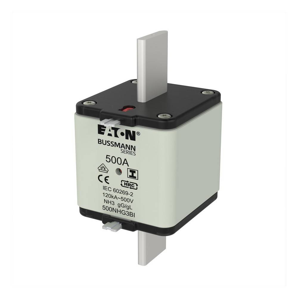 Eaton Bussmann Serie 500A quadratische elektrische Sicherung mit Metallkontakten, dargestellt auf weißem Hintergrund.