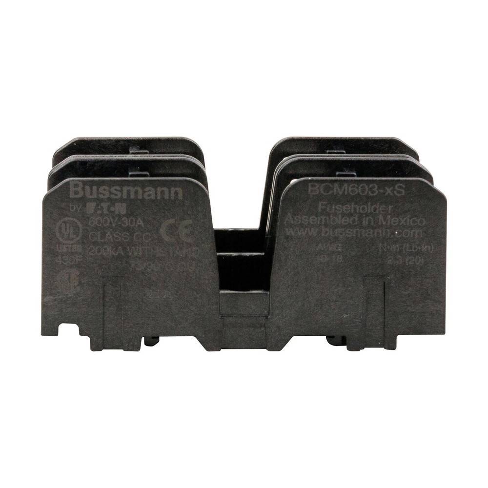 Schwarzer Bussmann BCM603-X-S Sicherungshalter mit dualen Patronensicherungsclips, isoliert auf weißem Hintergrund dargestellt.
